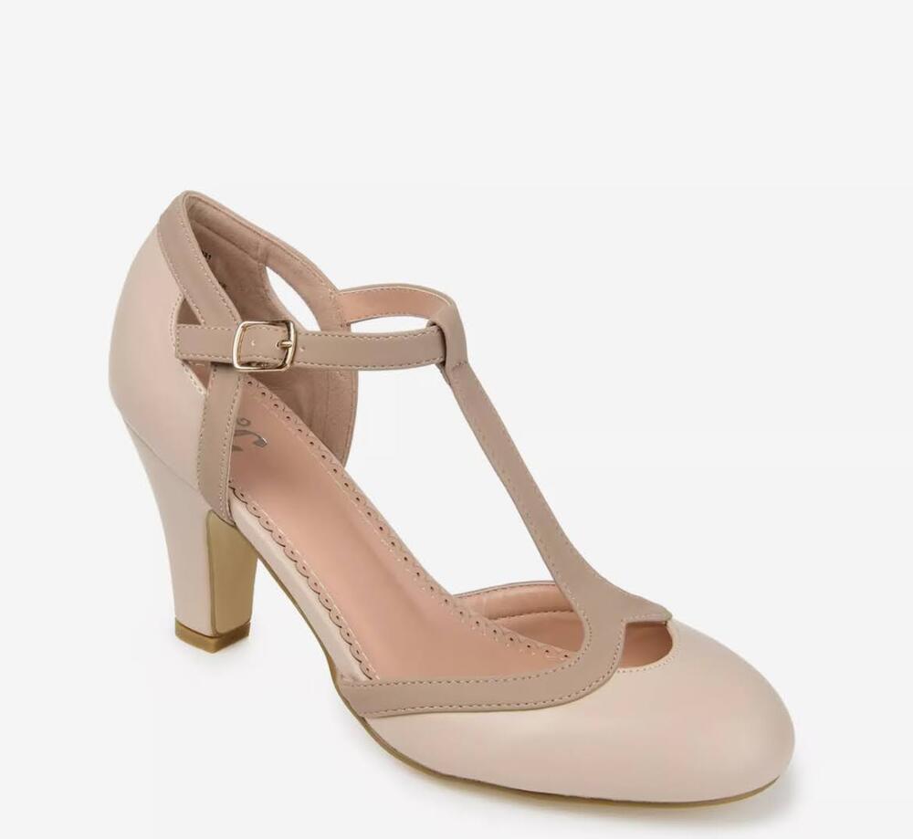 Journee Olina Pumps T-Strap WMNS 11WD Beige Tan Block Heel Ankle Strap Round Toe